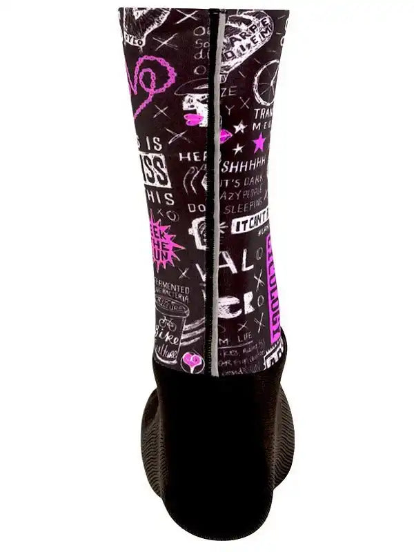 Black cycling sock with pink graffiti-style graphics and text, featuring bold designs for bike riders.