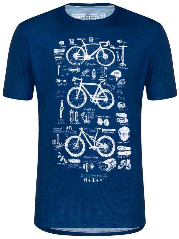 Blue cycling t-shirt with white bike diagrams and gear illustrations for men and women