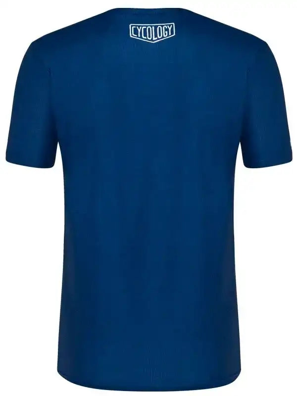 Blue men's cycling t-shirt with white Cycology logo on back, breathable fabric design