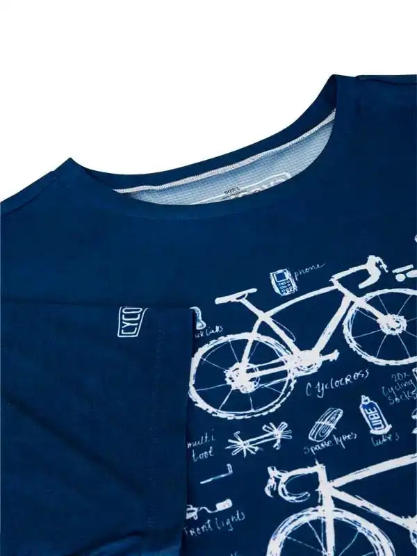 Navy blue cycling t-shirt with white bike sketch print and gear labels, ideal for men's or women's bike apparel