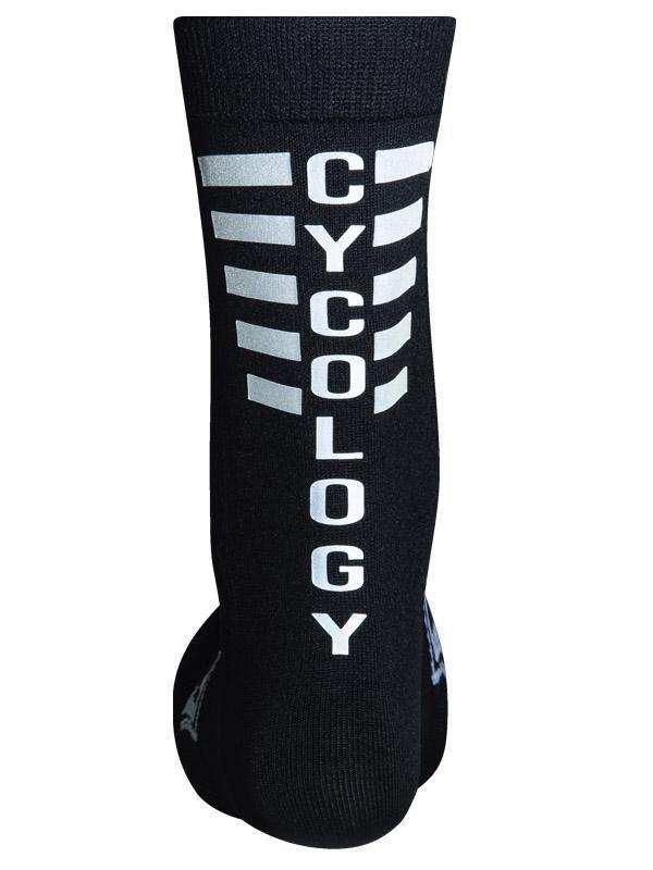 Black cycling sock with bold white 'CYCOLOGY' text and silver stripes, designed for performance and style.