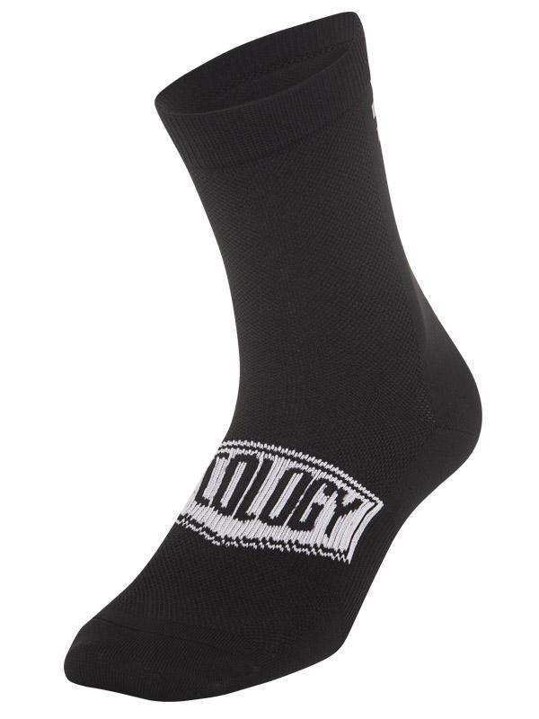 Black cycling sock with white logo, designed for men's and women's bike rides