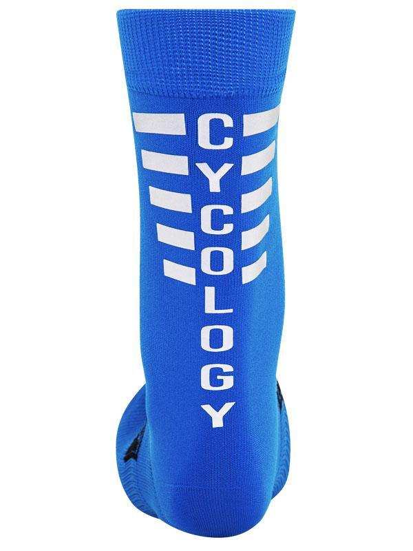 Blue cycling sock with white CYCOLOGY text and stripe design, performance wear for cyclists