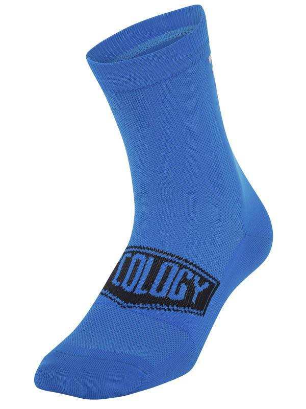 Blue cycling sock with 'Cycology' logo, breathable fabric for men's and women's bike rides