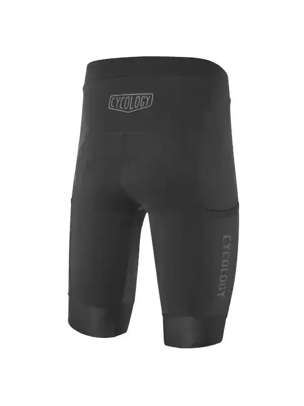 Black men's cycling shorts with rear pocket and subtle brand logo, designed for comfort and performance.