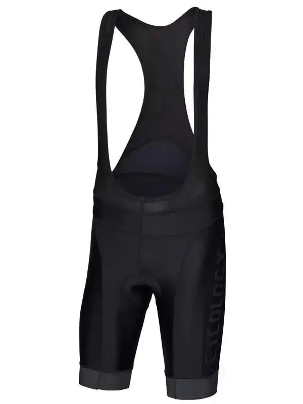 Black men's cycling bib shorts with padded chamois and ergonomic design for comfort and performance