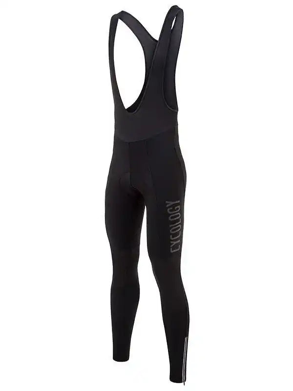 Black men's cycling bib tights with padded chamois and reflective logo, designed for comfort and performance.