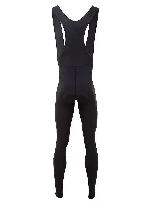 Black men's cycling bib tights with padded seat, designed for comfort and performance on rides.