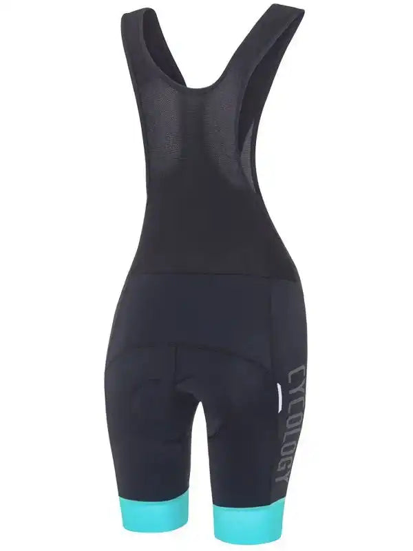 Women's black cycling bib shorts with teal leg bands and mesh back panel for breathable performance