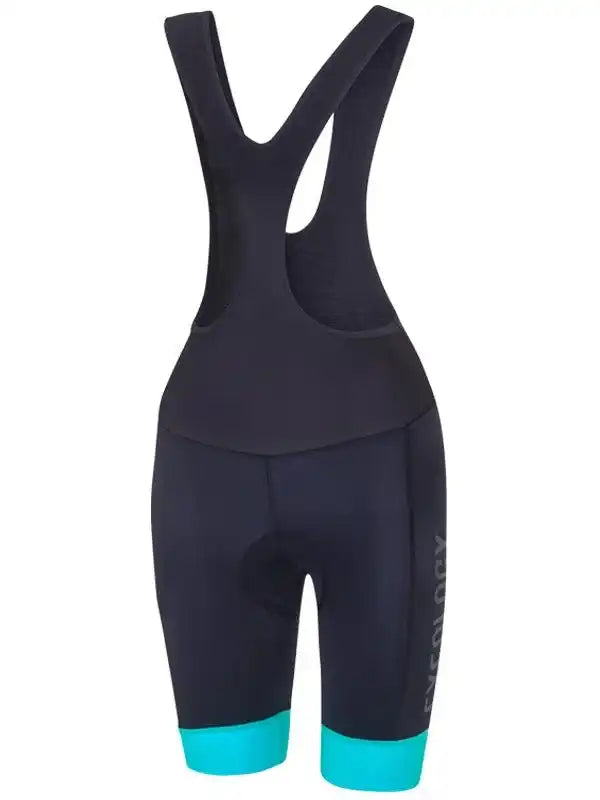 Women's black cycling bib shorts with teal accents and padded seat for comfort