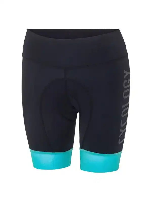Black women's cycling shorts with turquoise hem and padded seat, ideal for road biking comfort.