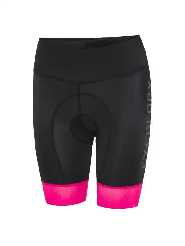 Black women's cycling shorts with pink hem and padded seat, ideal for road biking comfort