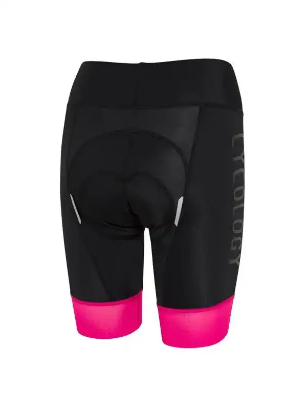 Black cycling shorts with pink cuffs and padded seat for comfort
