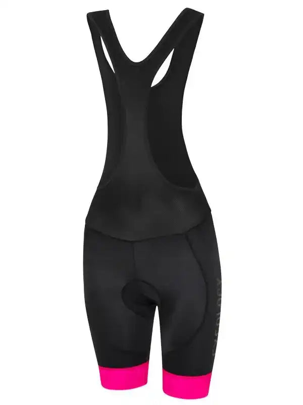 Black women's cycling bib shorts with pink hem, padded seat, and breathable back panel