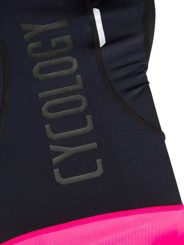 Black cycling jersey with bold 'CYCOLOGY' logo and neon pink hem, designed for performance and style.