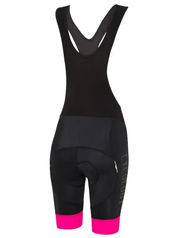 Women's black cycling bib shorts with pink leg bands and ergonomic padding, designed for comfort and performance.