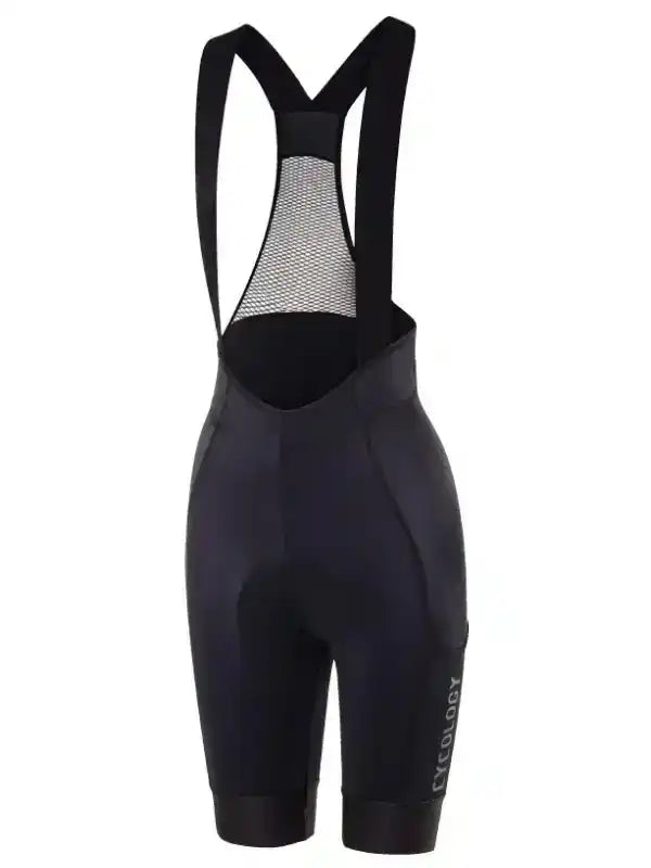 Black women's cycling bib shorts with mesh back panel and ergonomic design for comfort