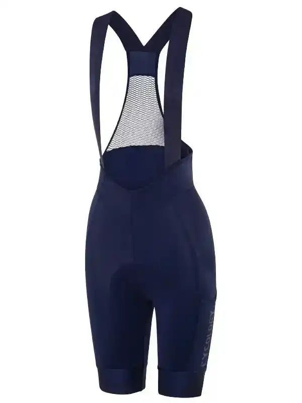 Navy blue women's cycling bib shorts with mesh back panel and ergonomic design