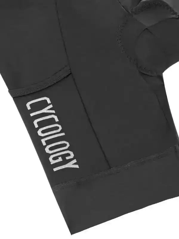 Black cycling glove with white Cycology logo, padded palm, and breathable fabric for comfort.