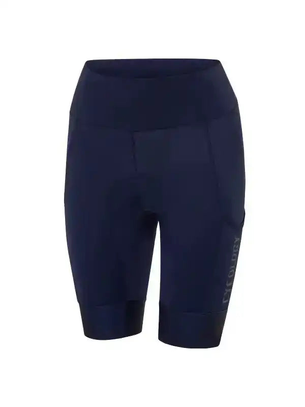 Women's navy blue cycling shorts with ergonomic seams and reflective branding for comfort and visibility