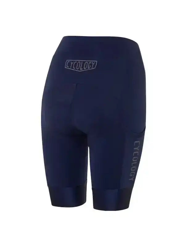 Navy blue women's cycling shorts with reflective Cycology logo, designed for comfort and performance.