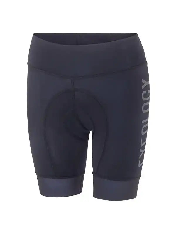 Black women's cycling shorts with padded chamois and side logo, designed for comfort and performance.