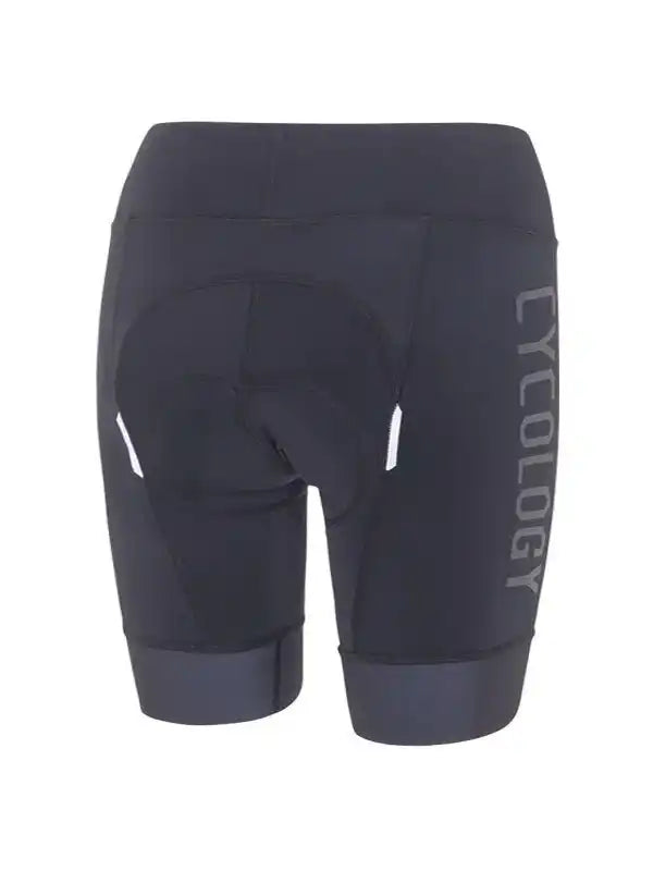 Women's black cycling shorts with padded seat and side logo, designed for comfort and performance.