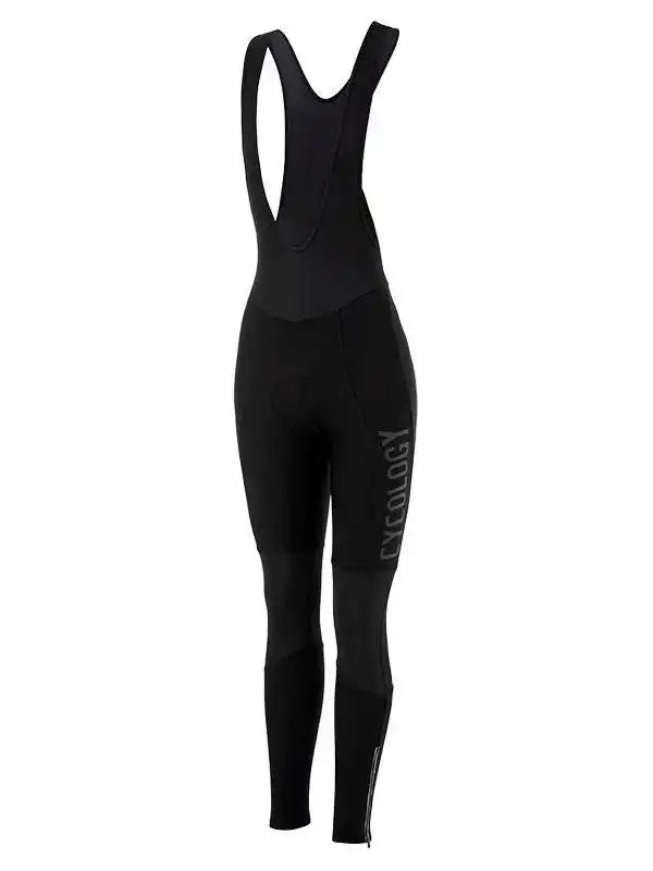 Black women's cycling bib tights with padded seat and 'Cycology' leg print, performance fit for road biking