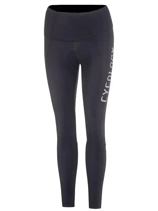 Black women's cycling tights with padded seat and side logo, designed for comfort and performance.