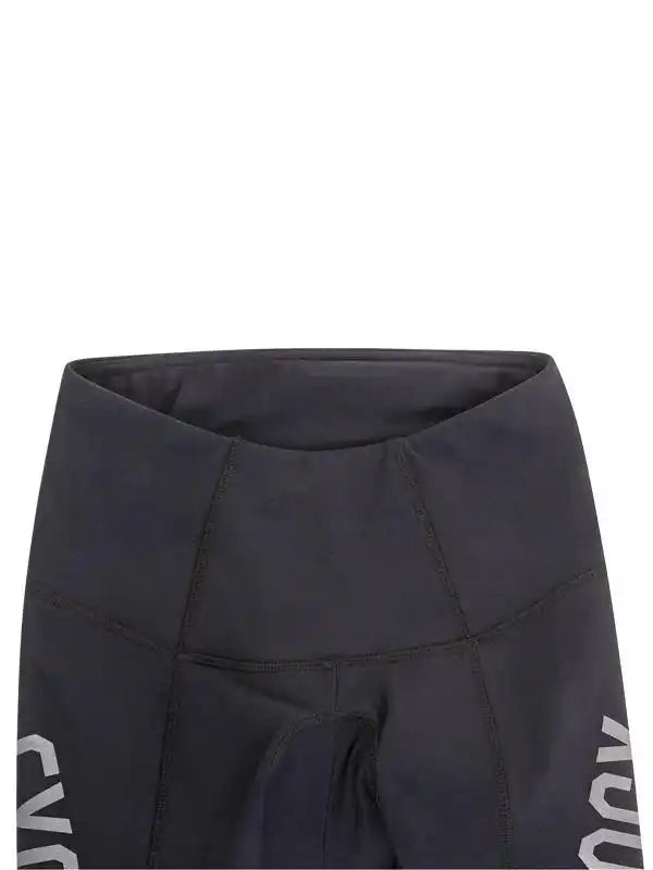 Black women's cycling shorts with ergonomic seams and side logo, designed for comfort and performance.
