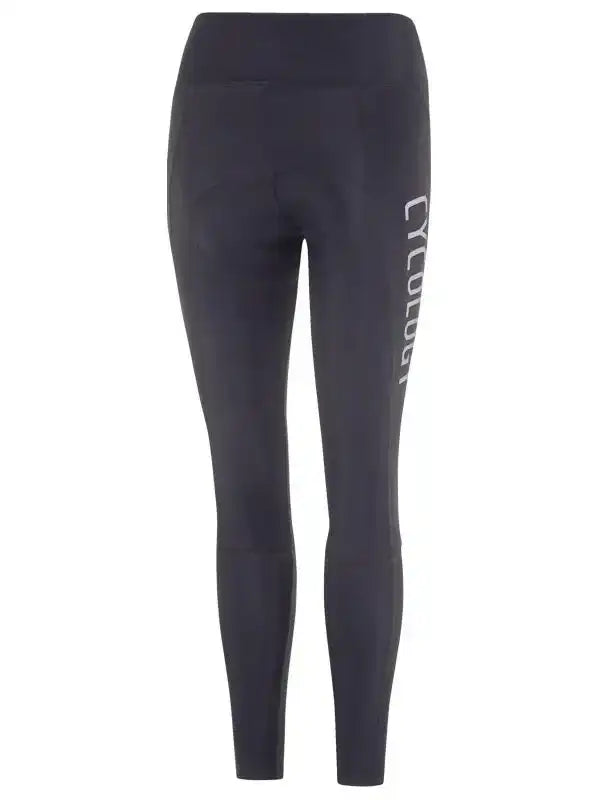 Women's black cycling tights with padded seat and side logo, designed for comfort and performance.