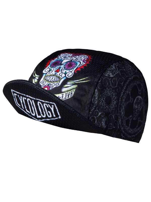 Black cycling cap with colorful sugar skull design and 'CYCOLOGY' logo, ideal for bike rides