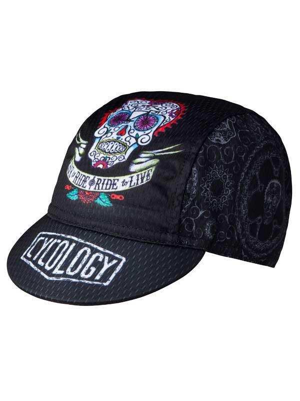 Black cycling cap with sugar skull design, 'Ride to Live' text, and Cycology logo for bike riders