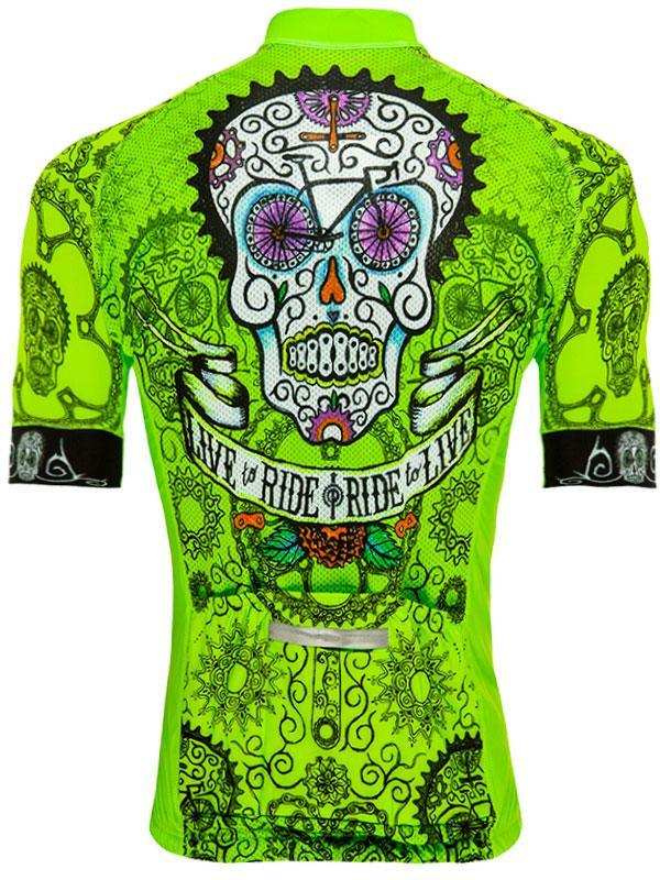 Vibrant green cycling jersey with sugar skull design, 'Live to Ride' text, and reflective back panel.