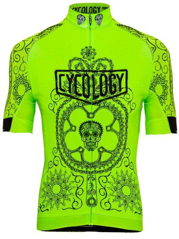 Neon green men's cycling jersey with skull and gear design, full zip, short sleeves