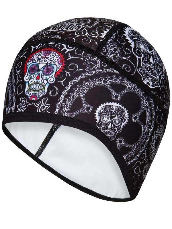 Black cycling skull bandana with colorful sugar skull and gear designs, ideal for bike rides