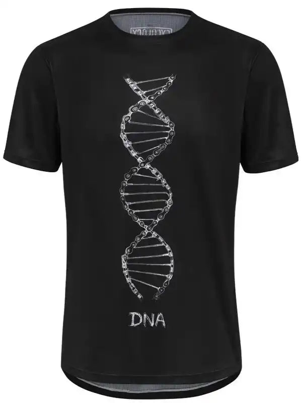 Black cycling jersey with DNA double helix graphic made of bike chains, bold 'DNA' text below