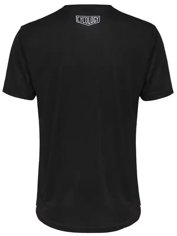 Black men's cycling t-shirt with small white Cycology logo on back, made from performance fabric.