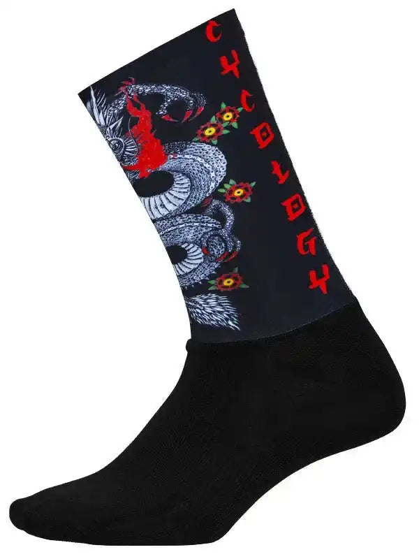 Black cycling sock with dragon and floral design, red lettering, for men's and women's bike rides