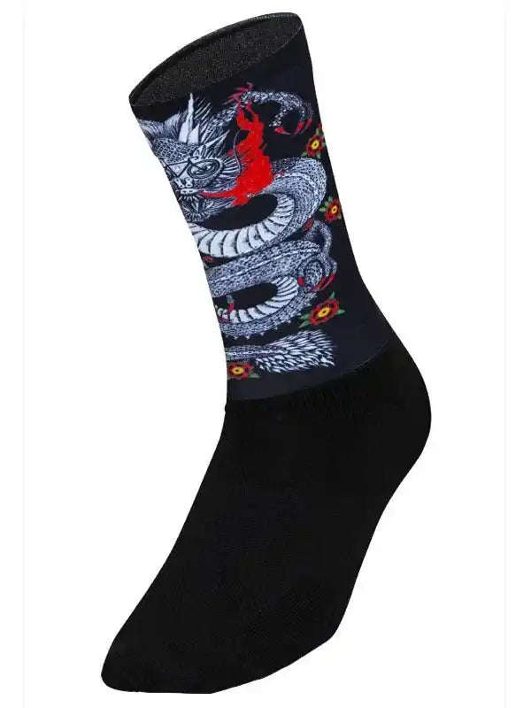 Black cycling sock with bold dragon graphic, red accents, and floral details for men's and women's bike rides