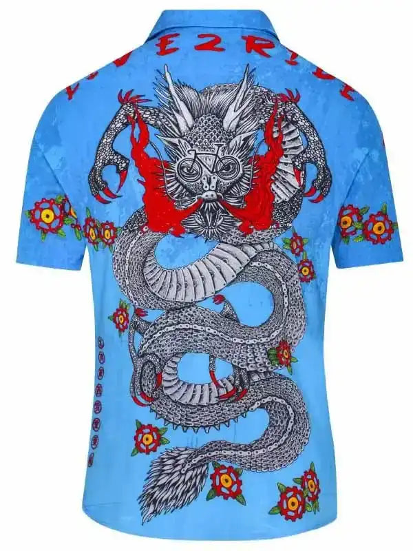 Blue cycling shirt with dragon graphic, red flames, and floral details for men or women