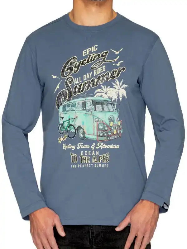 Men's long sleeve cycling shirt with vintage van and palm tree graphic, perfect for summer rides