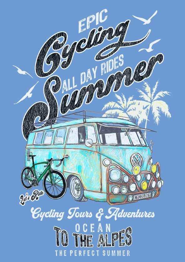 Epic Summer Cycling Graphic Tee with Vintage Van, Bike & Palm Trees for Cycling Tours & Adventures