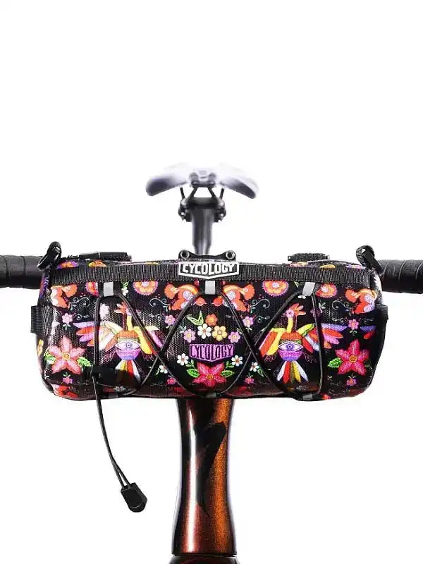 Colorful floral bike frame bag with Cycology logo, perfect for cycling gear storage