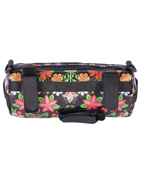 Floral pattern bike frame bag with black straps for cycling gear storage