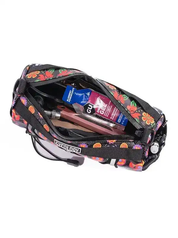 Floral-patterned cycling frame bag with GU energy gels and tools, ideal for bike rides