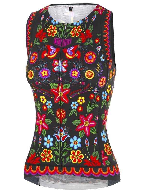 Women's black cycling jersey with vibrant floral and bird print, full zipper, and colorful trim