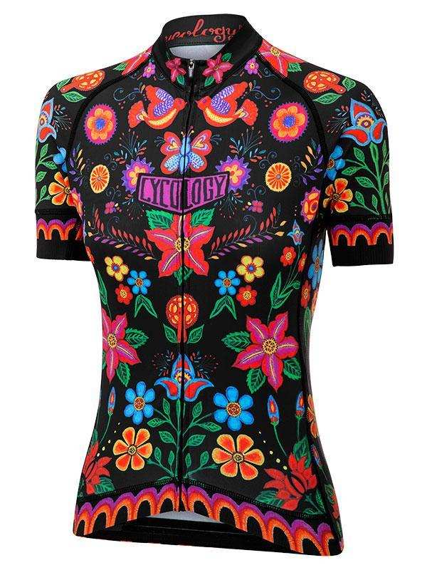 Women's cycling jersey with vibrant floral and bird print, full zip, black base, colorful design