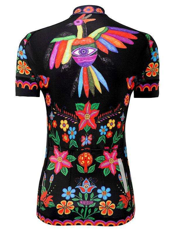 Women's cycling jersey with vibrant floral and bird print on black background, short sleeve design