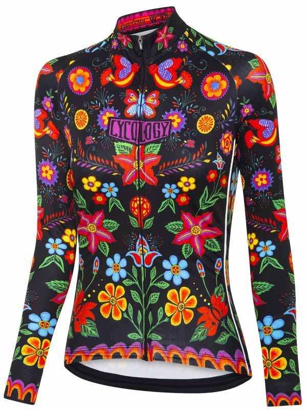 Women's long sleeve cycling jersey with vibrant floral and butterfly print on black background